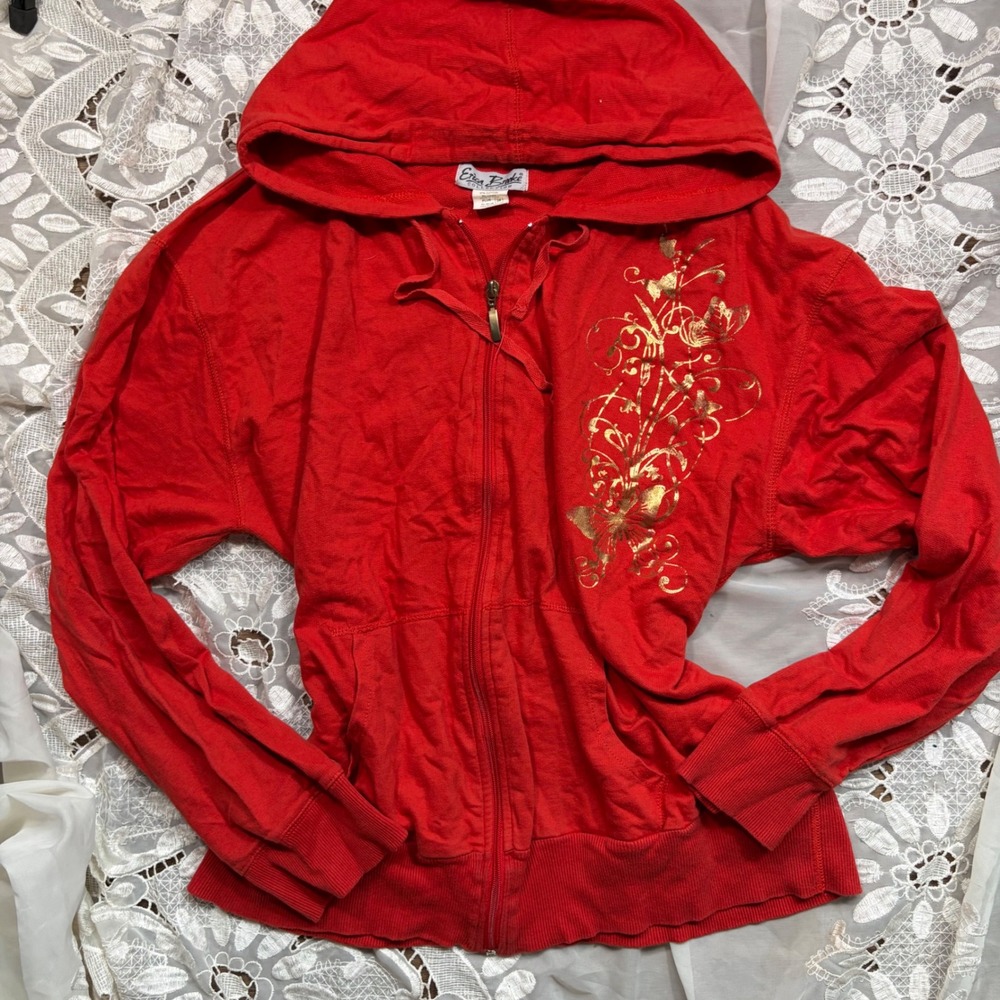 Y2K Butterfly Mcbling Fairy Red Gold Foil Floral Zip Up Hoodie Plus Size 24
